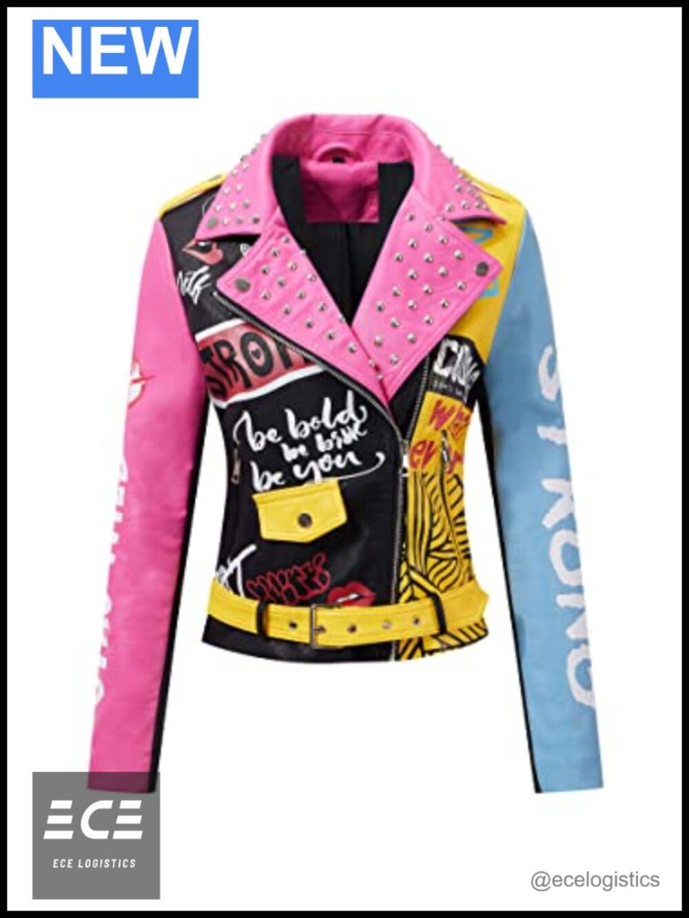 Women Faux Leather Studded Moto Jacket Belted Streetwear